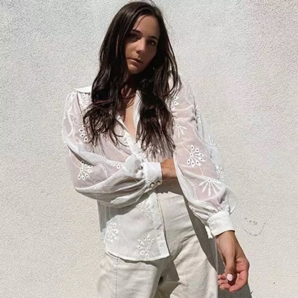 SOLD OUT White Boho Floral Eyelet Button Up Blouse - Picture 9 of 15